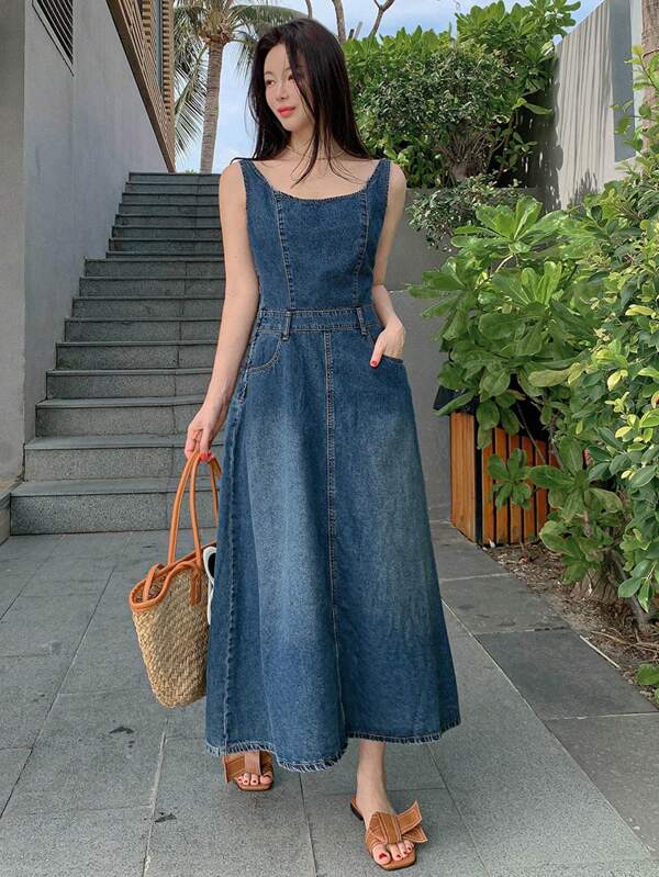 DAZY Women Casual Denim Pinafore Dress, Minimalist And Stylish For Everyday Wear,Back To School Clothes