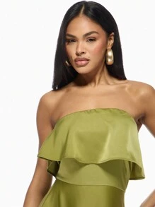 MISSGUIDED Elegant High-Low Strapless Evening Maxi Dress With Ruffle Overlay Perfect For Party Wedding Guest Special Occasion Formal Events Holiday Season Prom Gala - Olive Green - View 4