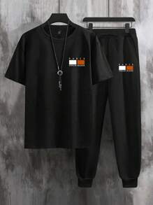 Manfinity Homme 2pcs/Set Men Plus Size T-Shirt And Drawstring Waist Jogger Pants, Black Short Sleeve Tee With Simple Logo Print, Casual Versatile Outfit, Spring/Summer