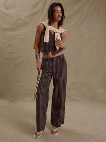 MUSERA 开襟V领纽扣修身细条纹背心上衣，适合毕业典礼、婚礼、度假、返校、办公、秋季、春夏等场合，优雅百搭。 - 彩色 - 查看 3