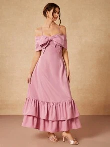 Gabriela Silveira Vestido maxi elegante y sofisticado de color rosa pastel con gran lazo 3D y volantes en el bajo, apto para fiestas, conciertos, eventos formales, bodas, fiestas de cumpleaños y verano