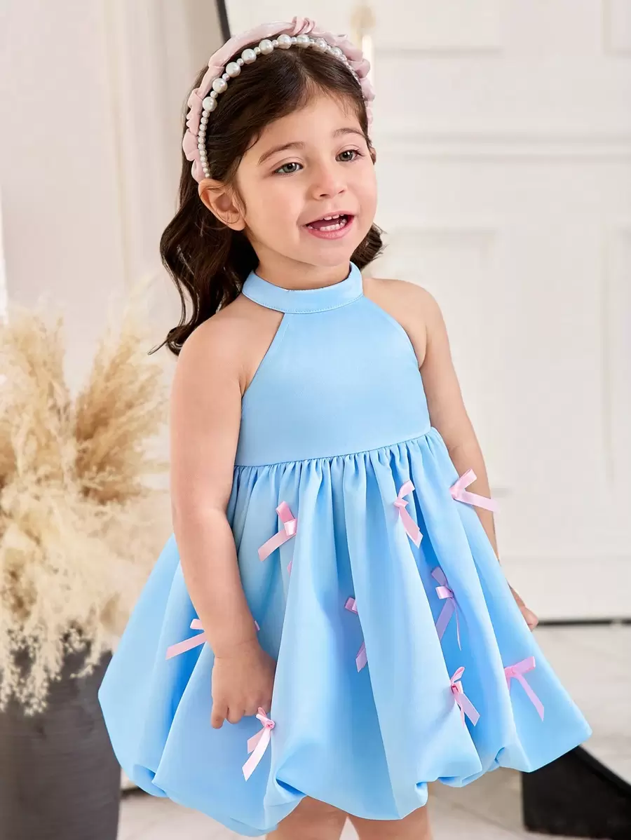 SHEIN Leap Crew Vestido de festa elegante sem mangas para meninas, com laço rosa e decoração de laço, saia de lanterna de bolhas, tecido de cetim, para aniversário, recepção, casamento - Azul - Ver 1