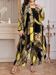 Modelyn Plus Size Women 2pcs Set Leopard Print Asymmetric Hem Long Sleeve Jacket And Pants - Yellow - View 4