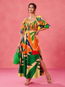 BELANGE HANDMADE Designer Boho Bohemian Multicolor Print Shirred Bodice Tiered Ruffle Sleeves Slit Maxi Sun Dress, Summer Vacation, Festival, Tropical, Beach, For Women, Concert, Elegant, Concert Outfit, Ibiza Fits, Prom Dress Wedding Rave Outfit