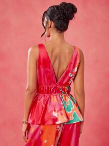 Eva Novielli Designer Boho Bohemian Satin All-Over Printed Colorful Elastic Waist Deep V Summer Top Vacation, Festival, Ibiza Fits - Multicolor - View 3