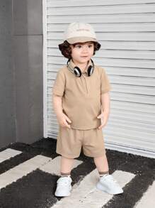 SHEIN 2pcs/Set Baby Soft Knit Solid Color Polo Collar Short Sleeve Pullover Shirt With Elastic Waist Shorts - Apricot - View 4