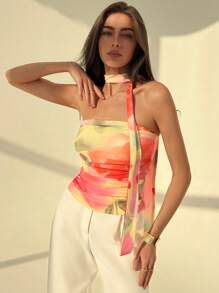 Aloruh Elegante blusa da donna a fiori con stampa Tintura a nodi, senza spalline, con volant