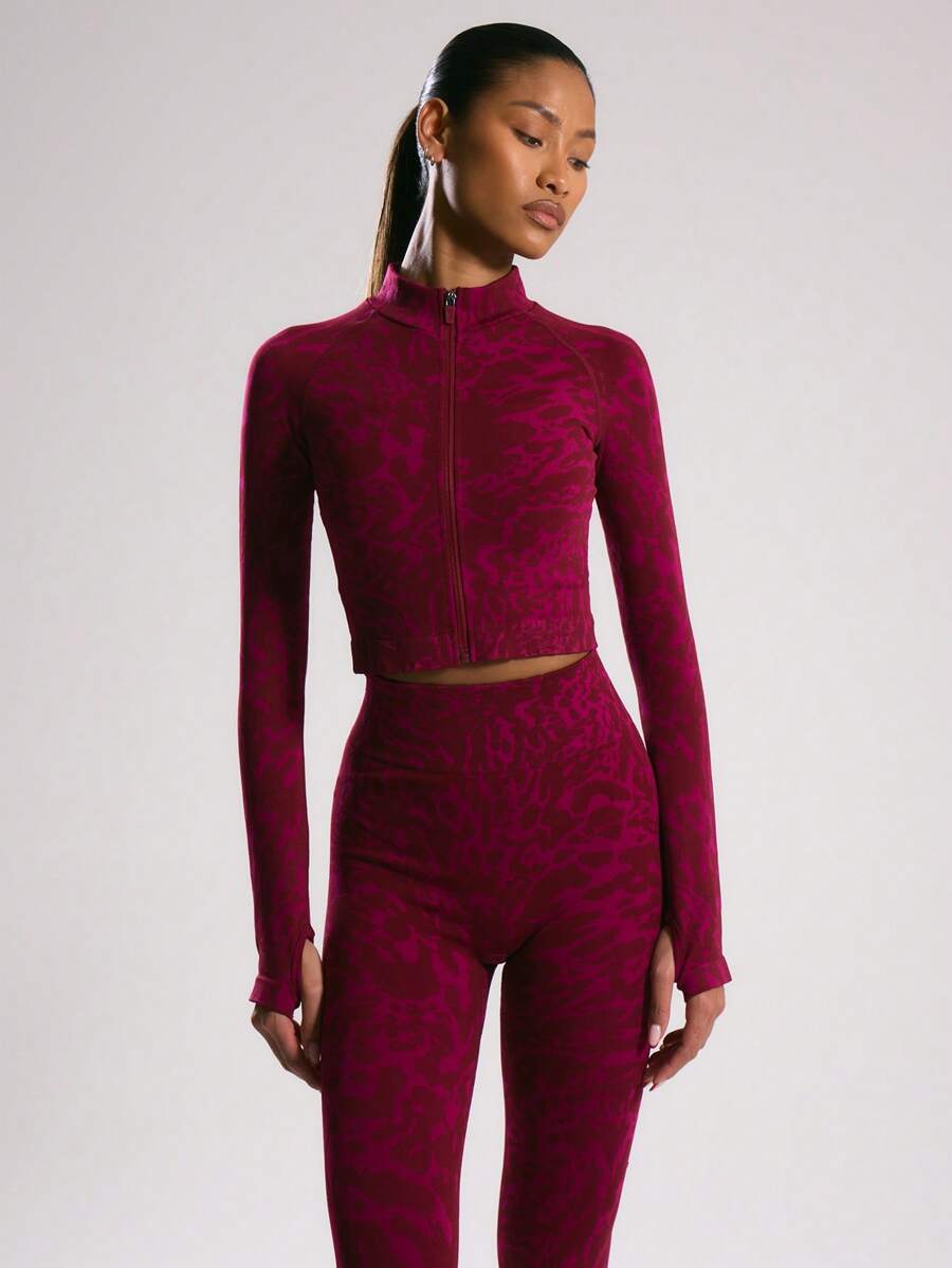 Musera Sport Cropped Zip Up Mock Neck Animal Print Contour Jacket, Padel, Tennis, Pickleball Gym Fitness - Burgundy - View 1