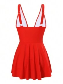 SHEIN Swim 女士优雅纯色 V 领荷叶边泳衣 - 紅色 - 查看 8