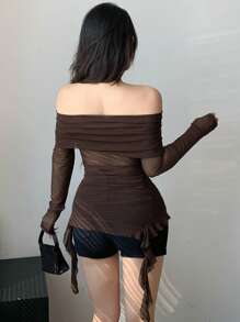 DAZY Women Off Shoulder Mesh Long Sleeve T-Shirt Top,Fall Clothes - Brown - View 3