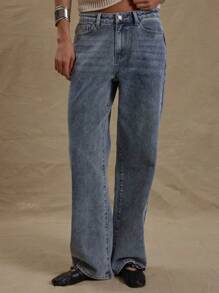 MUSERA Jeans de pierna recta y tiro bajo lavados, estilo callejero primaveral, elegante estilo 90s y Y2K para el verano - Azul - Ver 2