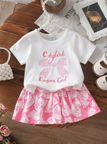 Roupa casual de verão para bebês meninas, camiseta branca com estampa fofa + saia evasê, uso diário essencial - Rosa Quente - Ver 2