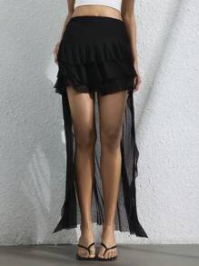 SHEIN Privé Váy voan nhún bèo cao thấp phong cách lãng mạn Ý dành cho nữ mềm mại và gợi cảm - màu đen - Xem 1