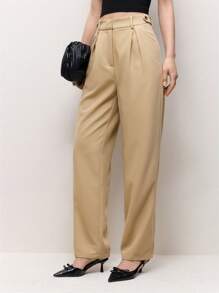 BizChic 女士纯色口袋褶皱简约休闲裤，日常穿着 - 卡其色 - 查看 2