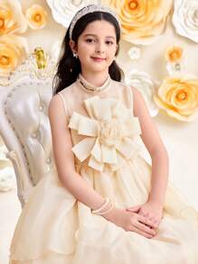 SHEIN Tween-Mädchen Elegantes Organza-Kleid mit Blumenmuster, Stehkragen und doppellagigem Saum aus Jacquard - Aprikosenfarben - Übersicht 6
