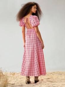 Athîral Women's Round Neck Short Puff Sleeve Open Back Red Gingham Plaid Casual Dress Elegant