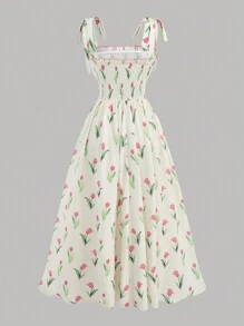 Girlism 少女春夏假期撞色边饰粉色蝴蝶结肩带花卉假日休闲收腰 A 字裙，度假/海滩/优雅 - 杏色 - 查看 2