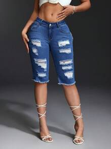 SHEIN SXY 女士休闲破洞低腰牛仔裤 - 藍色 - 查看 4