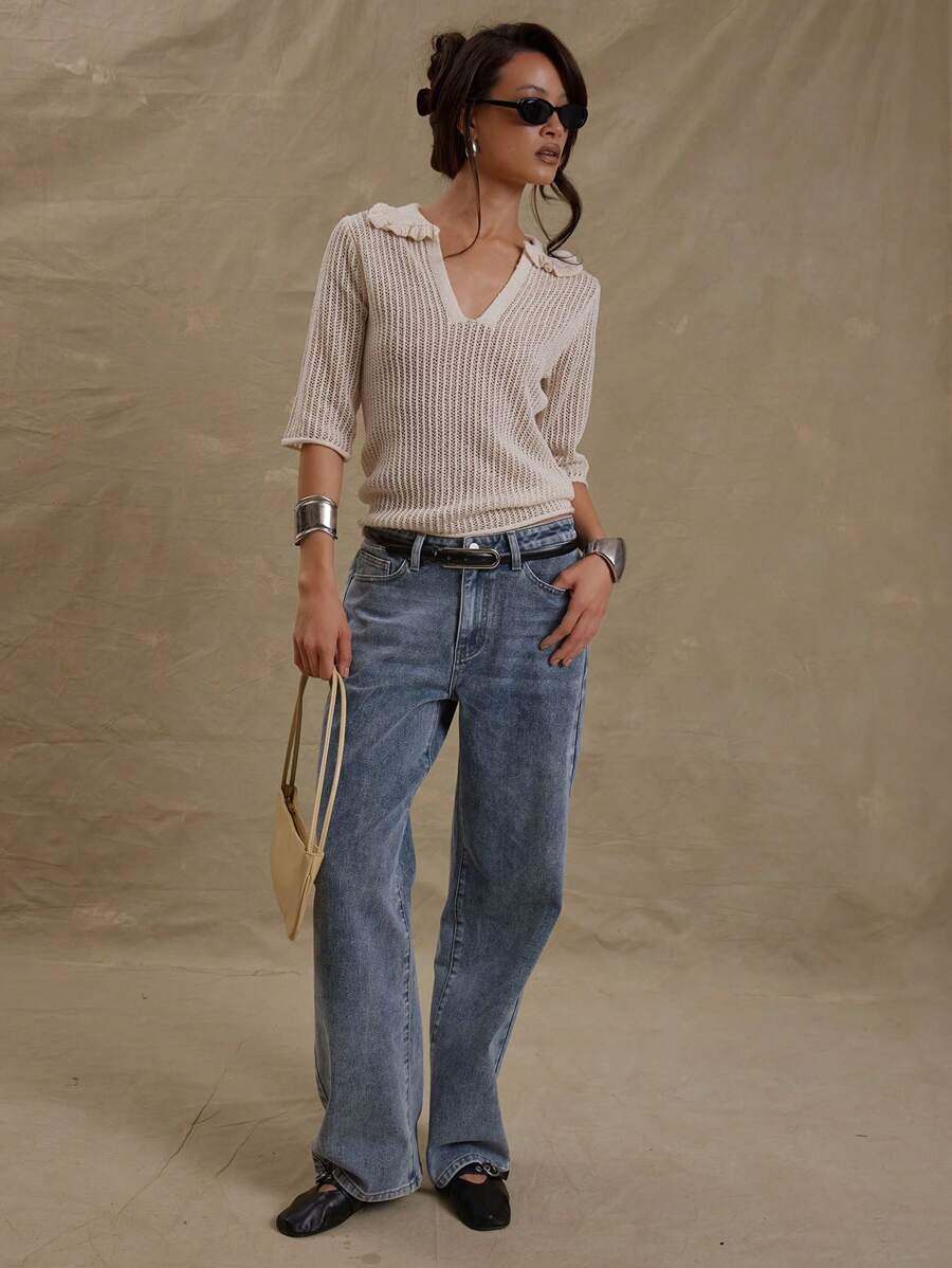 MUSERA Jeans de pierna recta y tiro bajo lavados, estilo callejero primaveral, elegante estilo 90s y Y2K para el verano - Azul - Ver 1