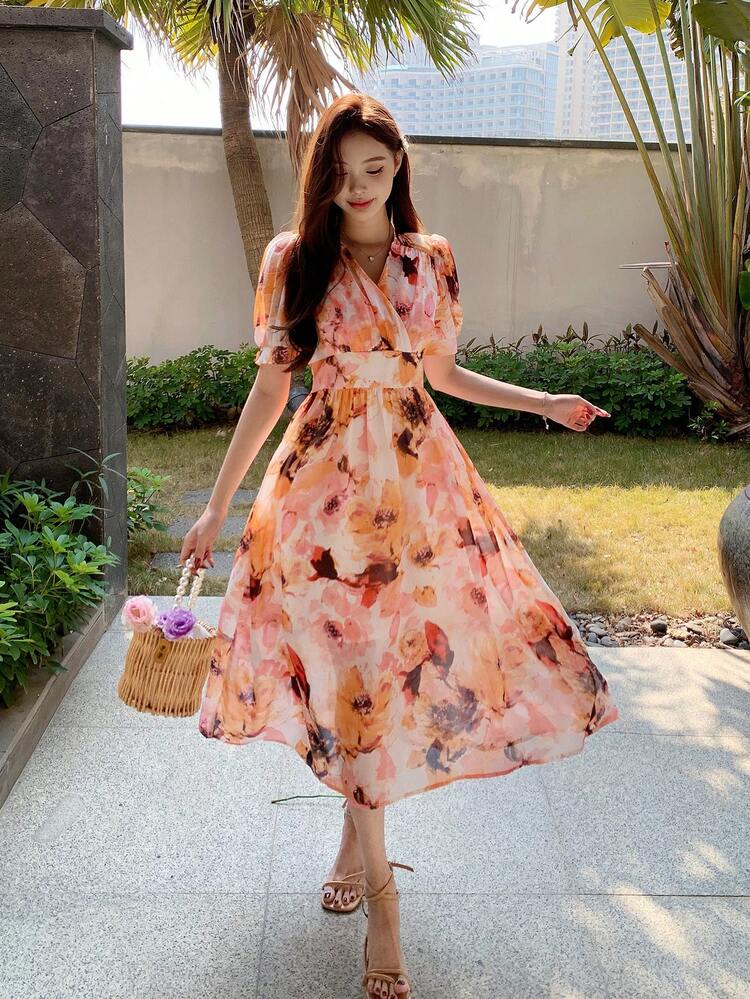 Women Floral All Over Print V-Neck Short Sleeve Dress