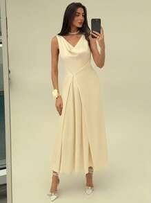 Aloruh Elegant Office Lady Collar-Less A-Line Pleated Midi Dress, Minimalist Commuter Style - Apricot - View 6