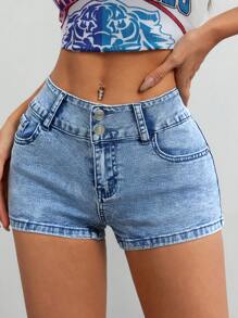 SHEIN EZwear Quần Jeans Denim Ôm Dáng Đơn Giản Có Túi Cài Nút Phía Trước Cho Nữ - Rửa trung bình - Xem 1