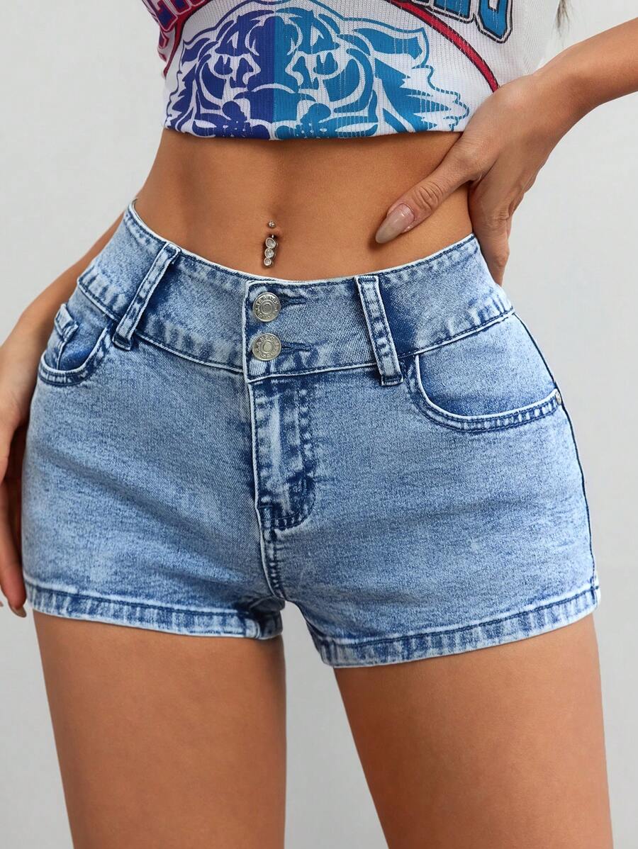 SHEIN EZwear Quần Jeans Denim Ôm Dáng Đơn Giản Có Túi Cài Nút Phía Trước Cho Nữ - Rửa trung bình - Xem 1