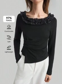 Ontre Damen Schwarze Langarm Strick Bluse mit floraler Verzierung und Rückenausschnitt, Sommer Damen Frühling Oberteile Langarm Damen Tops