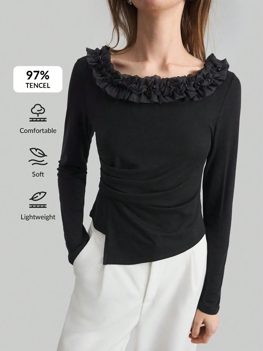 Ontre Damen Schwarze Langarm Strick Bluse mit floraler Verzierung und Rückenausschnitt, Sommer Damen Frühling Oberteile Langarm Damen Tops