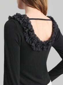 Ontre Damen Schwarze Langarm Strick Bluse mit floraler Verzierung und Rückenausschnitt, Sommer Damen Frühling Oberteile Langarm Damen Tops