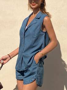 Livesso Women Button Front Sleeveless Casual Top And Denim Shorts Set