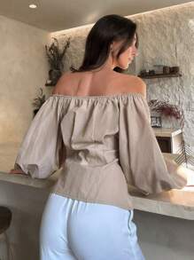 Cottnline 女士露肩灯笼袖纯色衬衫