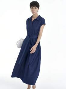 Aalyst Women's Solid Color Short Sleeve Button Pocket Casual Shirt Dress - Medium Wash - View 4