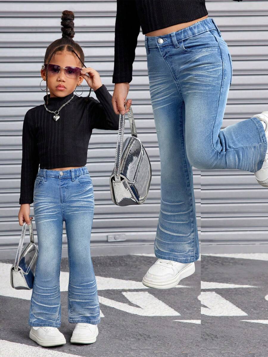 SHEIN Young Girl' Ruffled Blue Denim Flare Pants With Stretch - Light Wash - View 1