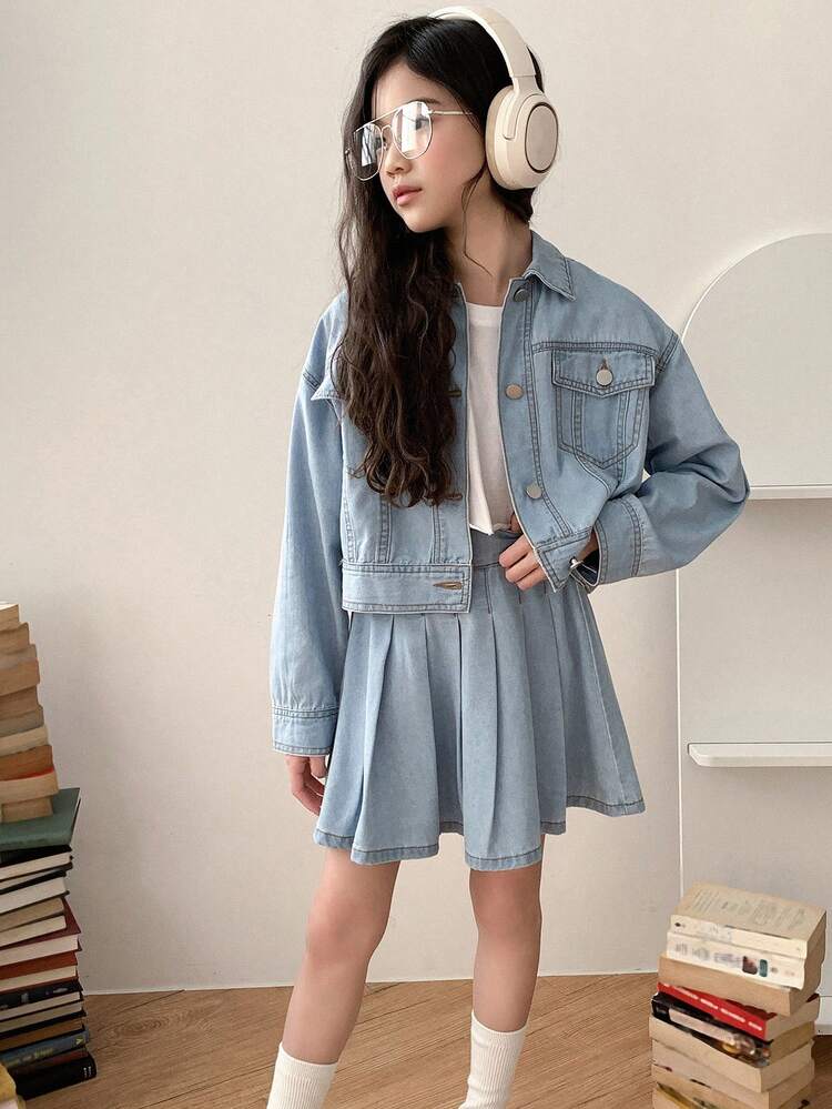 Tween Girl Denim Long Sleeve Jacket + Denim Skirt, Girls Spring/Summer Jean Outfit Set