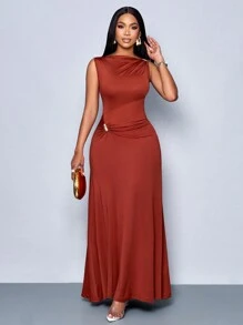 SOLERSUN Women's Fashionable Elegant Asymmetric Neckline Ruched Side Long Dress - Brown - View 1