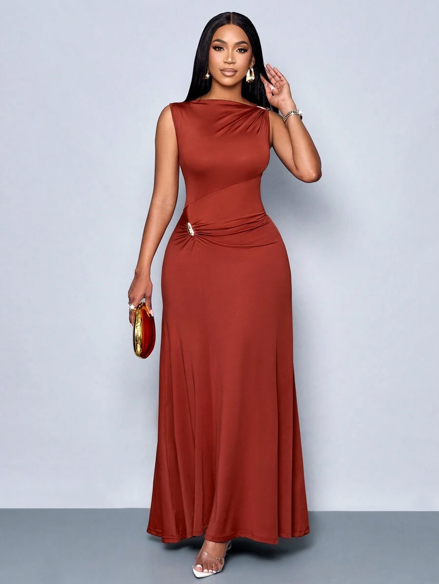 SOLERSUN Women's Fashionable Elegant Asymmetric Neckline Ruched Side Long Dress - Brown - View 1