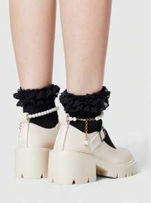 ROMWE Kawaii 女士白色玛丽珍小皮鞋，带带扣的封闭式鞋头哥特式鞋，仿珍珠系带乐福鞋，厚底和厚底平底鞋 - 米色 - 查看 5