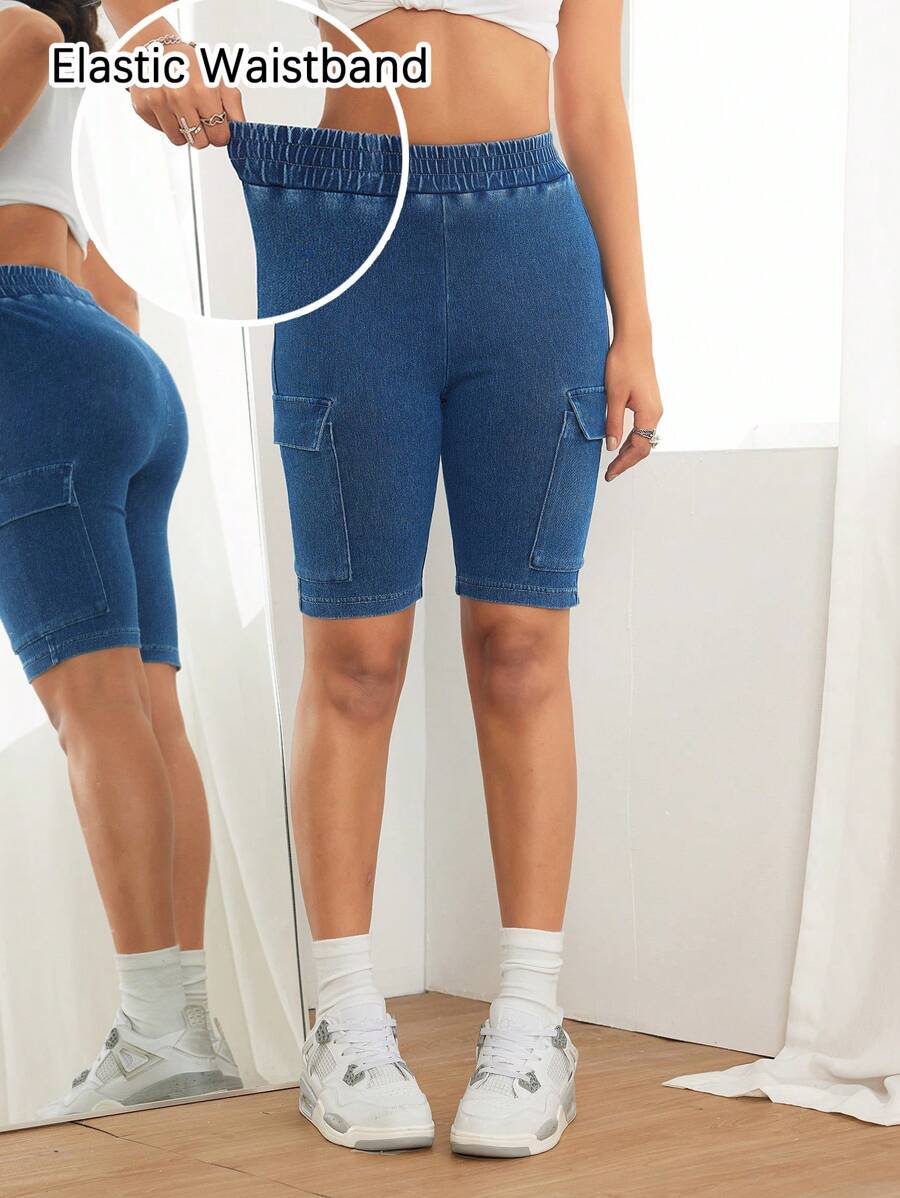 SHEIN PETITE 女士牛仔短裤，休闲紧身弹力工装短裤，蓝色 - 中等水洗藍 - 查看 1