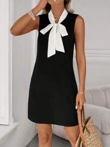 SHEIN LUNE 经典无袖休闲简约宽松舒适连衣裙，带系带蝴蝶结，适合春、夏、秋、冬 - 黑色 - 查看 5