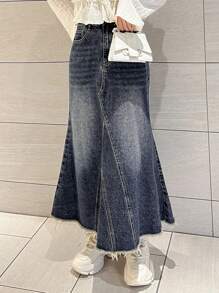 FRIFUL Women's Navy Blue Fish Tail Denim Skirt, Spring Jeans Skirt - Dark Wash - View 7