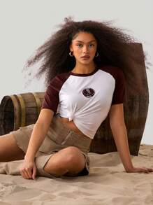 Athîral Camiseta casual de mujer de manga corta con estampado de botas de colorblock