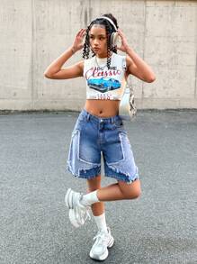 SHEIN Y2K Street Life Teen Girl's Frayed Hem Baggy Denim Shorts With Star-Shaped Patches - Medium Wash - View 3