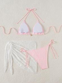 Swim Mod 3 件套女士夏季度假海滩花卉蕾丝吊带性感比基尼泳装套装带罩衫裙 - 粉色 - 查看 2