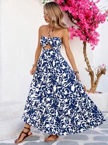 Vivid Eden Vrouwen vakantie bloemenprint cutout hals jurk
