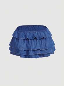 SHEIN MOD Women's Denim Cropped Blouse With Ruffle Hem, Blue - Medium Wash - View 2