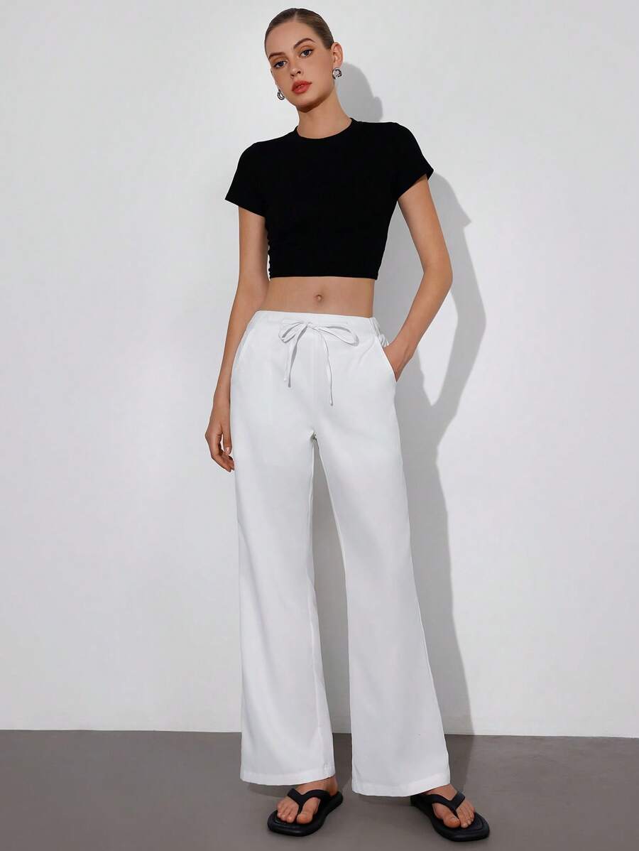 SHEIN Unity Retro American Style Loose White Wide Leg Casual Cargo Palazzo Pants With Low Waist And Tie Design Fall Cloth For Women - White - View 1