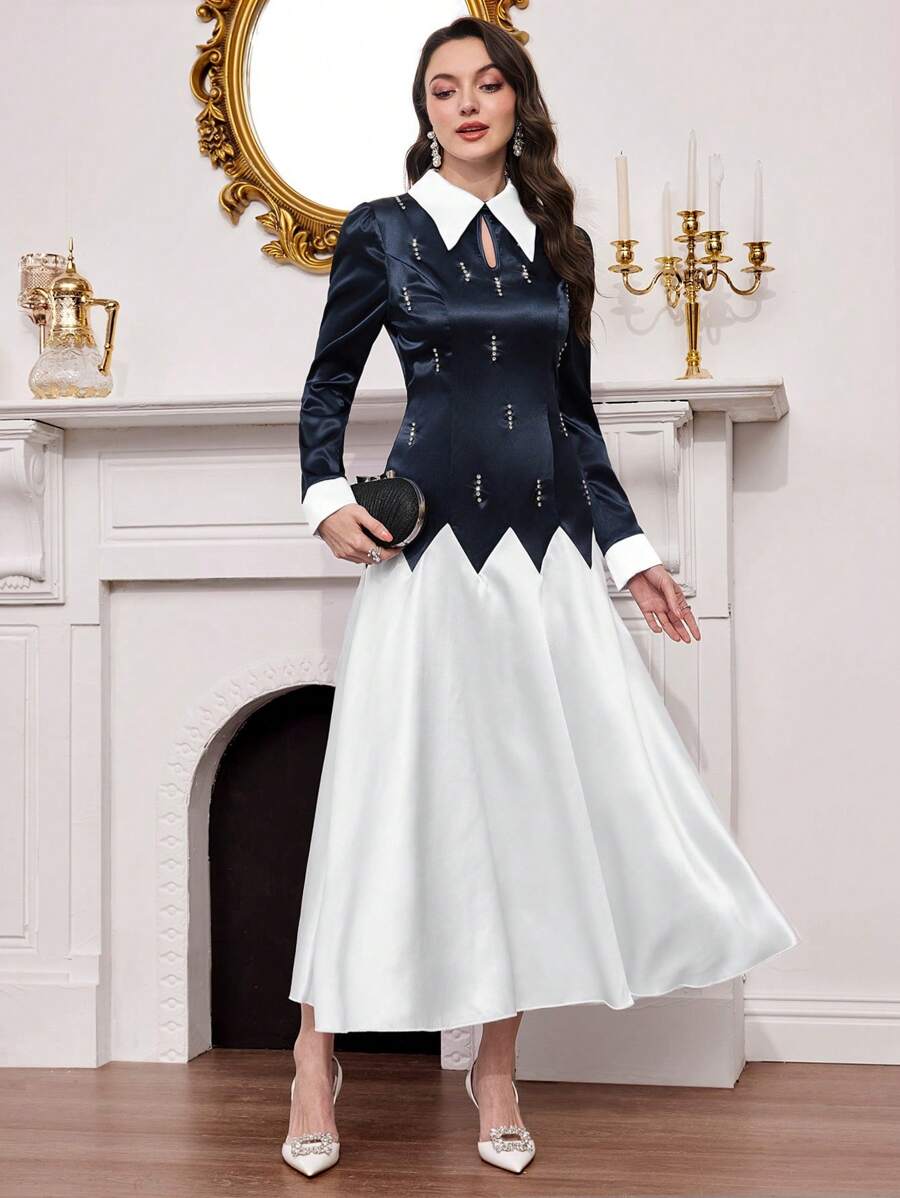 Modelyn 女士优雅拼色手工串珠长裙 - 彩色 - 查看 1