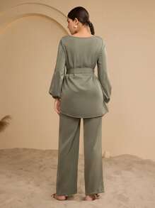 Graceveil 2 件套女士休闲纯色宽松上衣和阔腿裤套装 - 軍綠色 - 查看 2