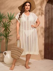 SHEIN Swim Curve Plus Size Women Apricot Hollow Out V-Neck Side Split Knitted Beach Cover-Up, For Summer Vacation